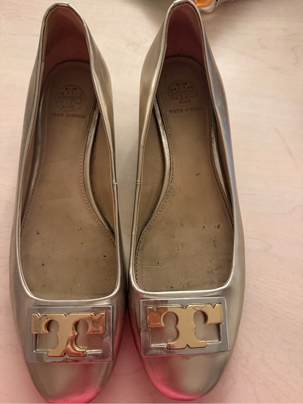 Tory Burch Metallic Gold Logo Square-Toe Ballet Flats